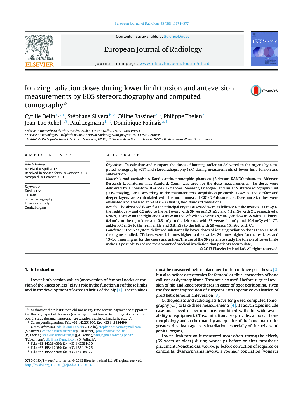 Ionizing radiation doses during lower limb torsion and anteversion measurements by EOS stereoradiography and computed tomography