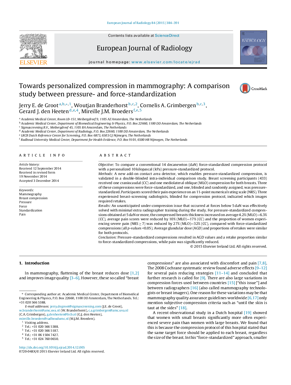 Towards personalized compression in mammography: A comparison study between pressure- and force-standardization