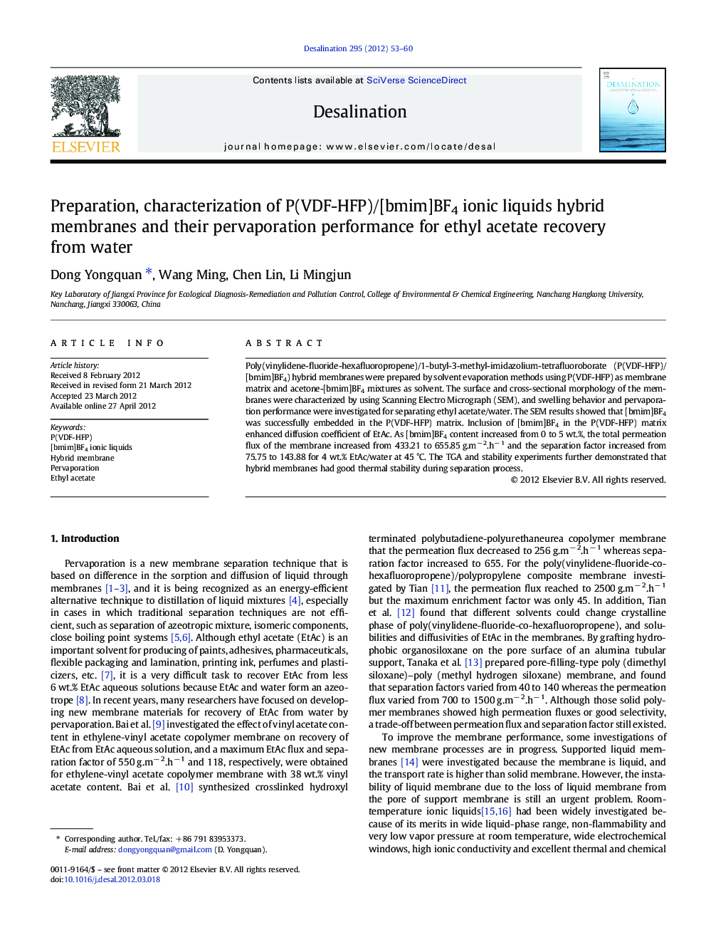 Preparation, characterization of P(VDF-HFP)/[bmim]BF4 ionic liquids hybrid membranes and their pervaporation performance for ethyl acetate recovery from water