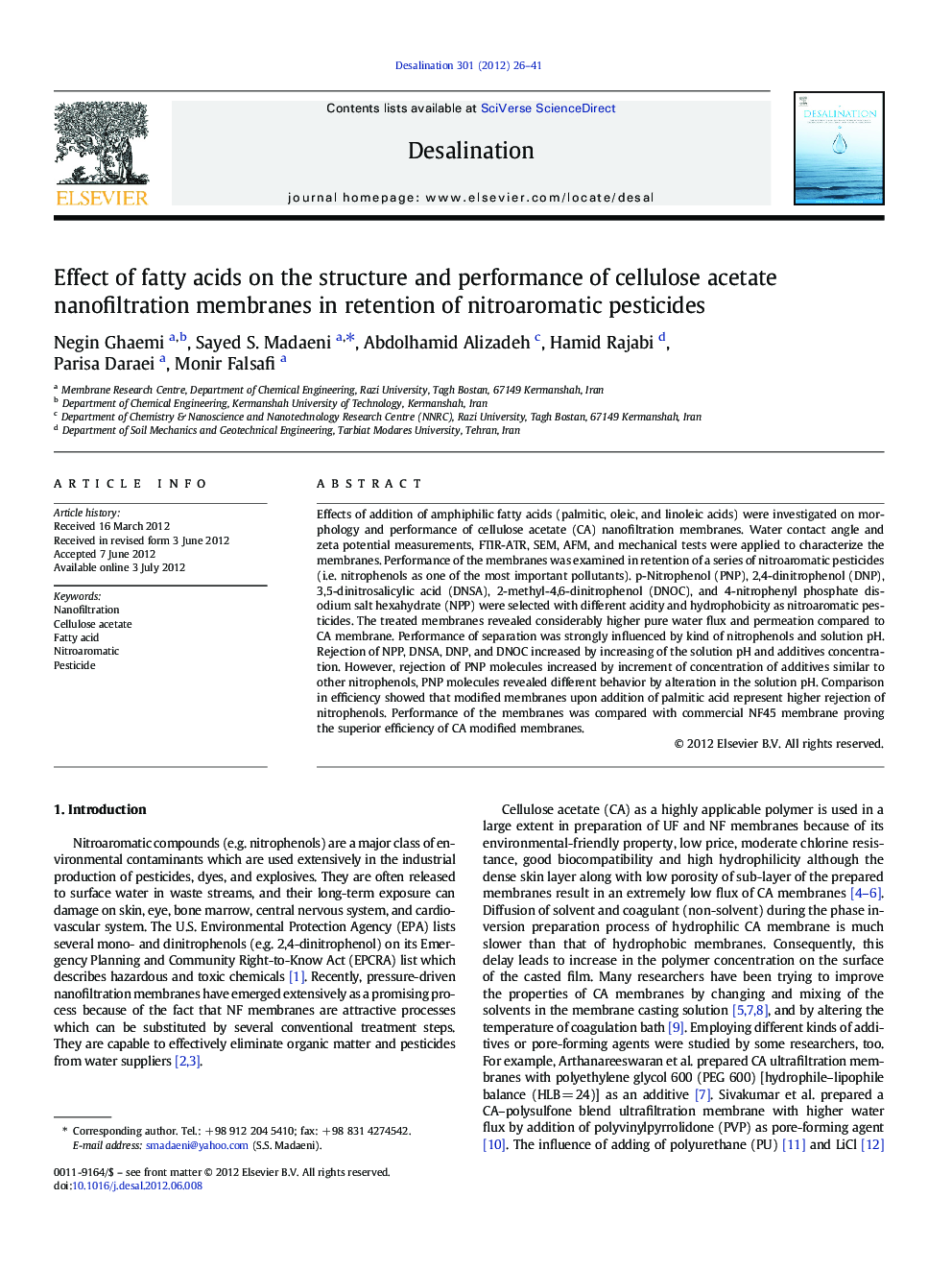 Effect of fatty acids on the structure and performance of cellulose acetate nanofiltration membranes in retention of nitroaromatic pesticides