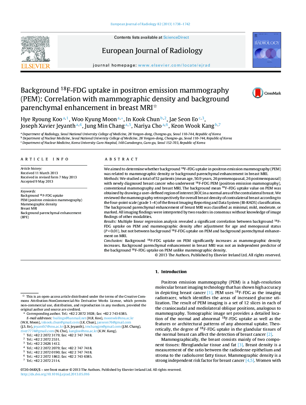 Background 18F-FDG uptake in positron emission mammography (PEM): Correlation with mammographic density and background parenchymal enhancement in breast MRI