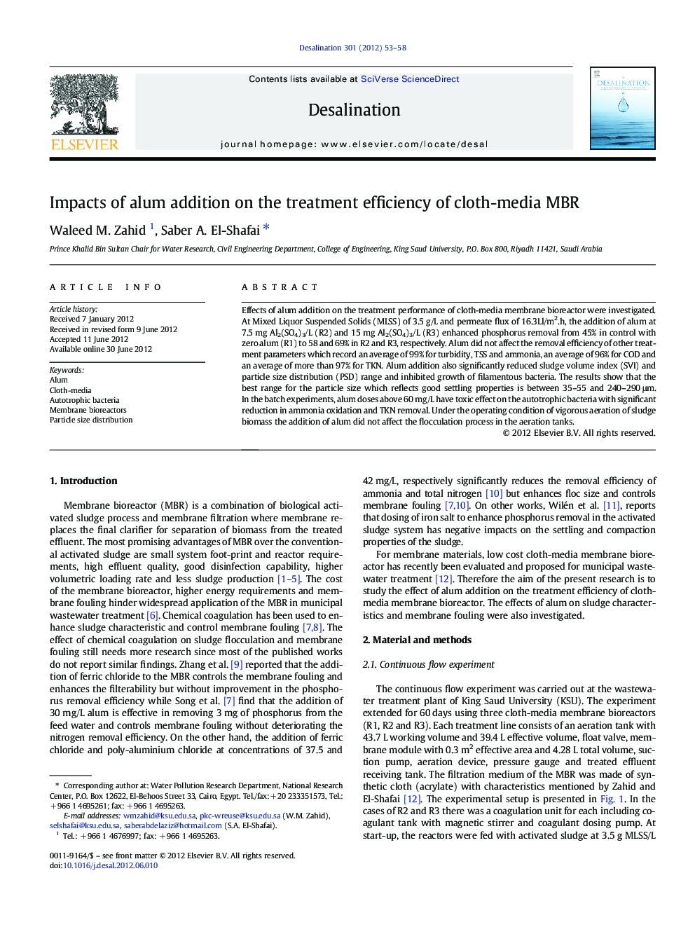 Impacts of alum addition on the treatment efficiency of cloth-media MBR