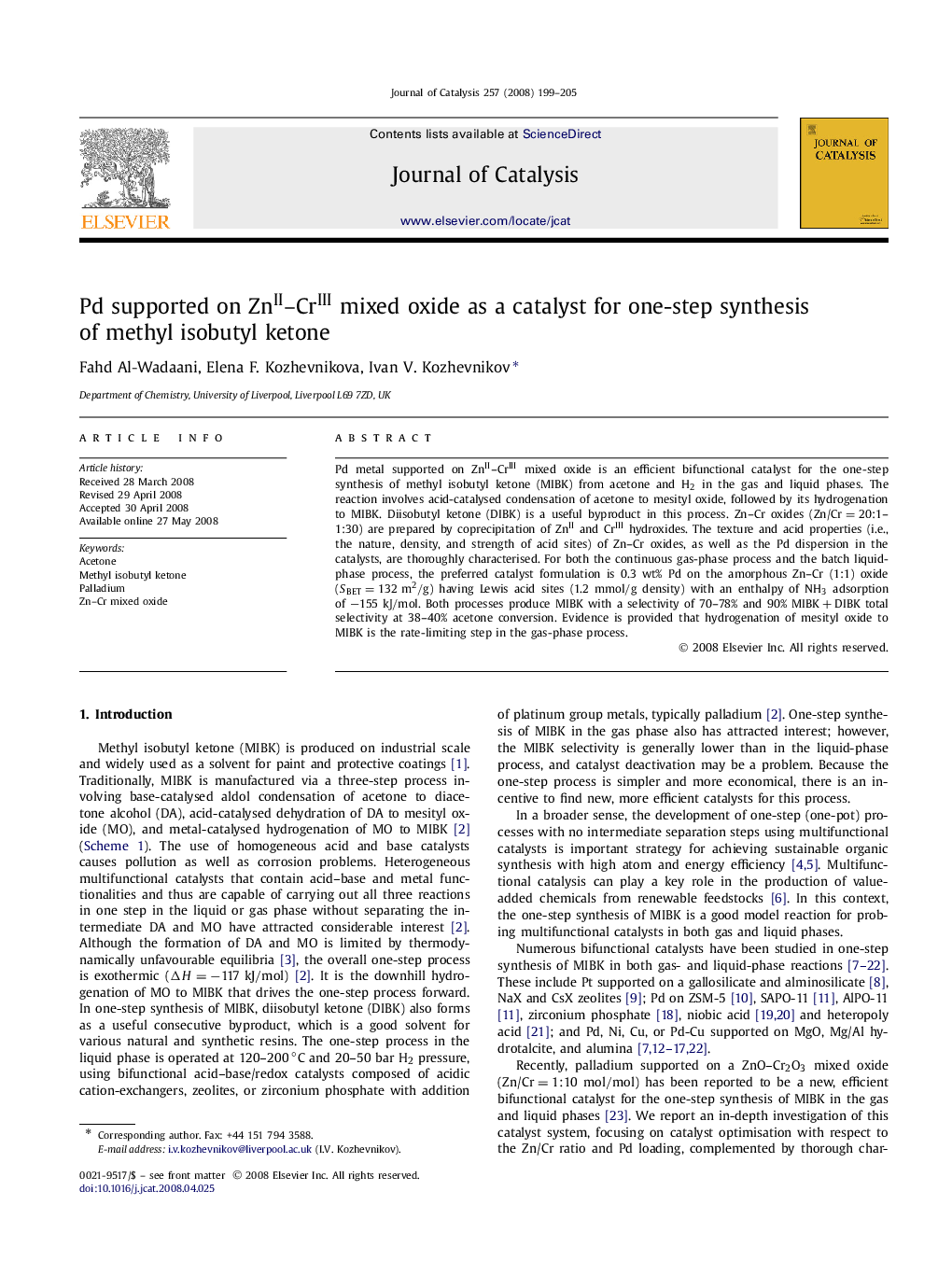 Pd supported on ZnII–CrIII mixed oxide as a catalyst for one-step synthesis of methyl isobutyl ketone