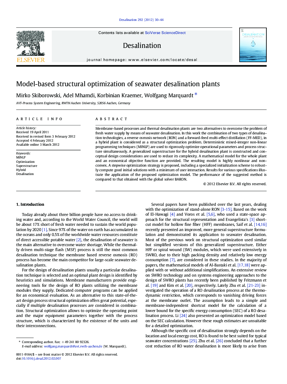 Model-based structural optimization of seawater desalination plants