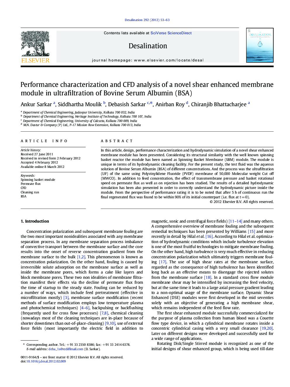 Performance characterization and CFD analysis of a novel shear enhanced membrane module in ultrafiltration of Bovine Serum Albumin (BSA)