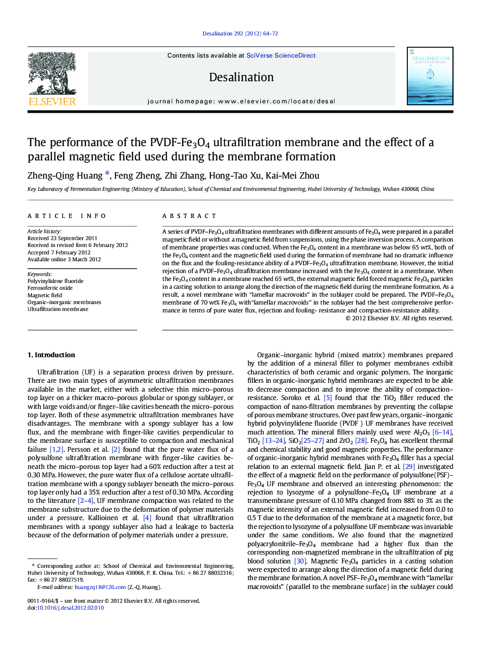 The performance of the PVDF-Fe3O4 ultrafiltration membrane and the effect of a parallel magnetic field used during the membrane formation