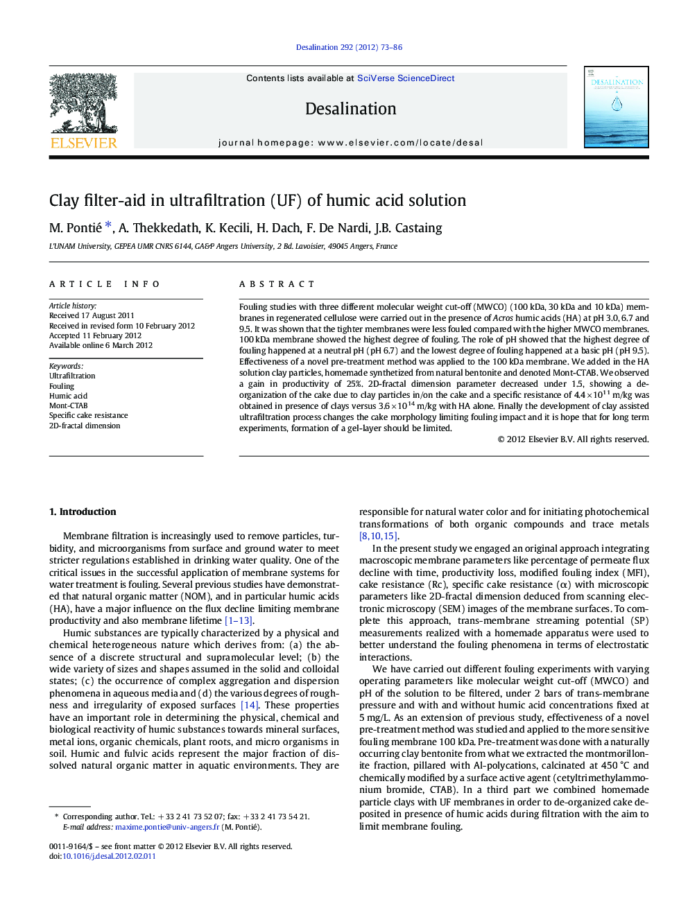 Clay filter-aid in ultrafiltration (UF) of humic acid solution