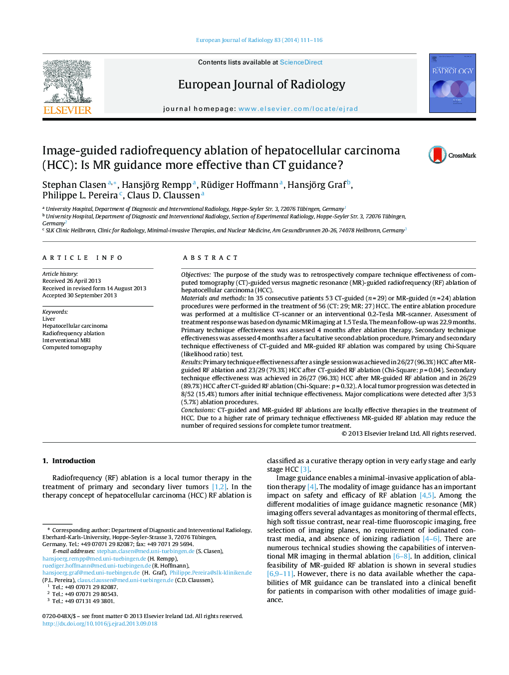 عکس صفحه اول مقاله: Image-guided radiofrequency ablation of hepatocellular carcinoma (HCC): Is MR guidance more effective than CT guidance? Image-guided radiofrequency ablation of hepatocellular carcinoma (HCC): Is MR guidance more effective than CT guidance?
