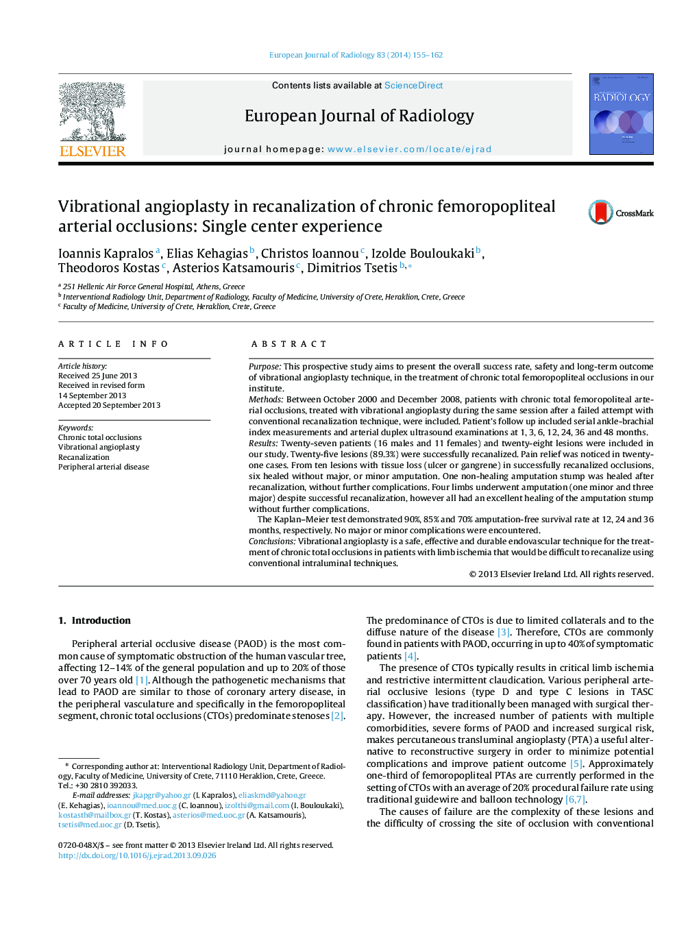 Vibrational angioplasty in recanalization of chronic femoropopliteal arterial occlusions: Single center experience