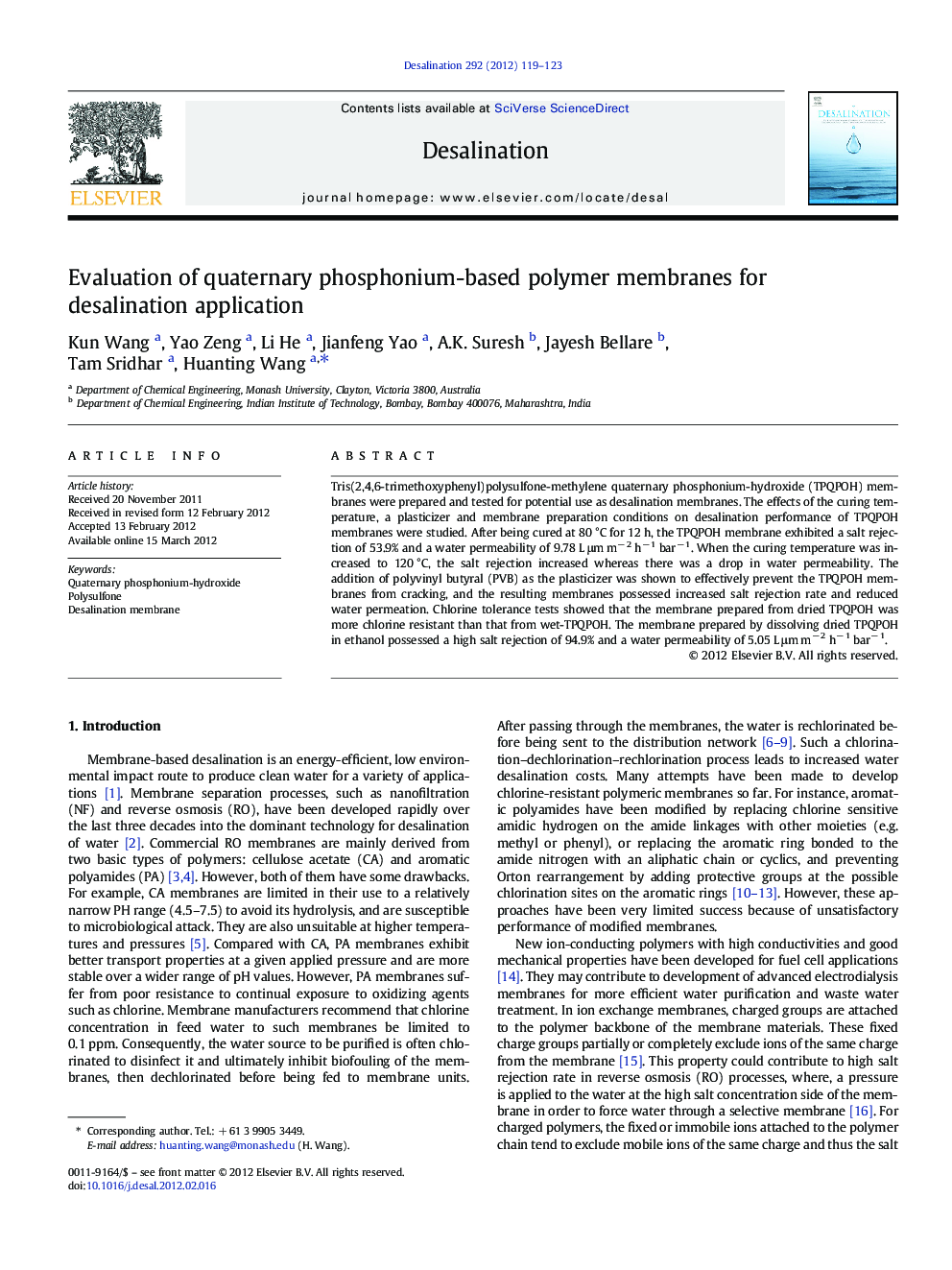 Evaluation of quaternary phosphonium-based polymer membranes for desalination application