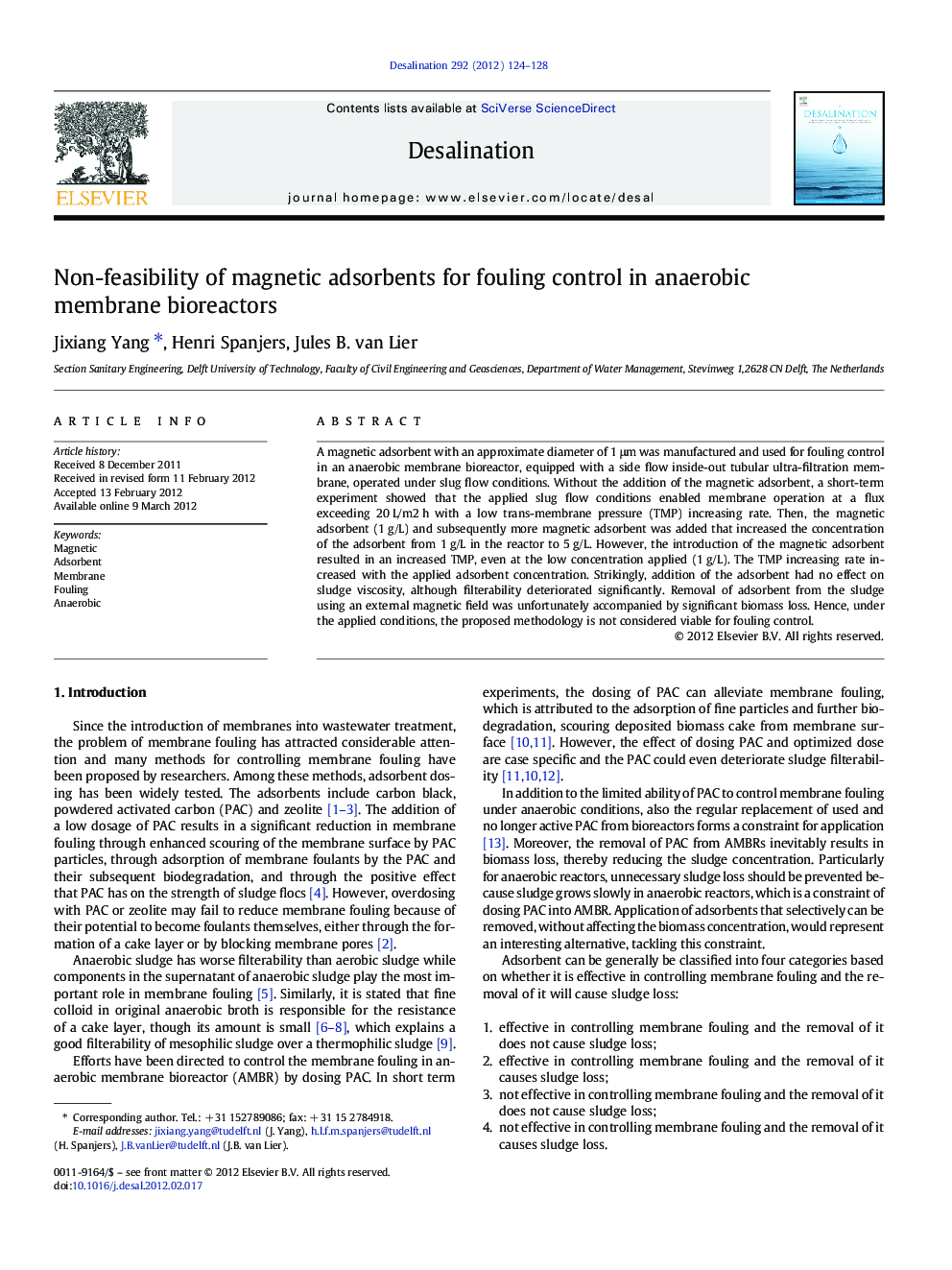 Non-feasibility of magnetic adsorbents for fouling control in anaerobic membrane bioreactors