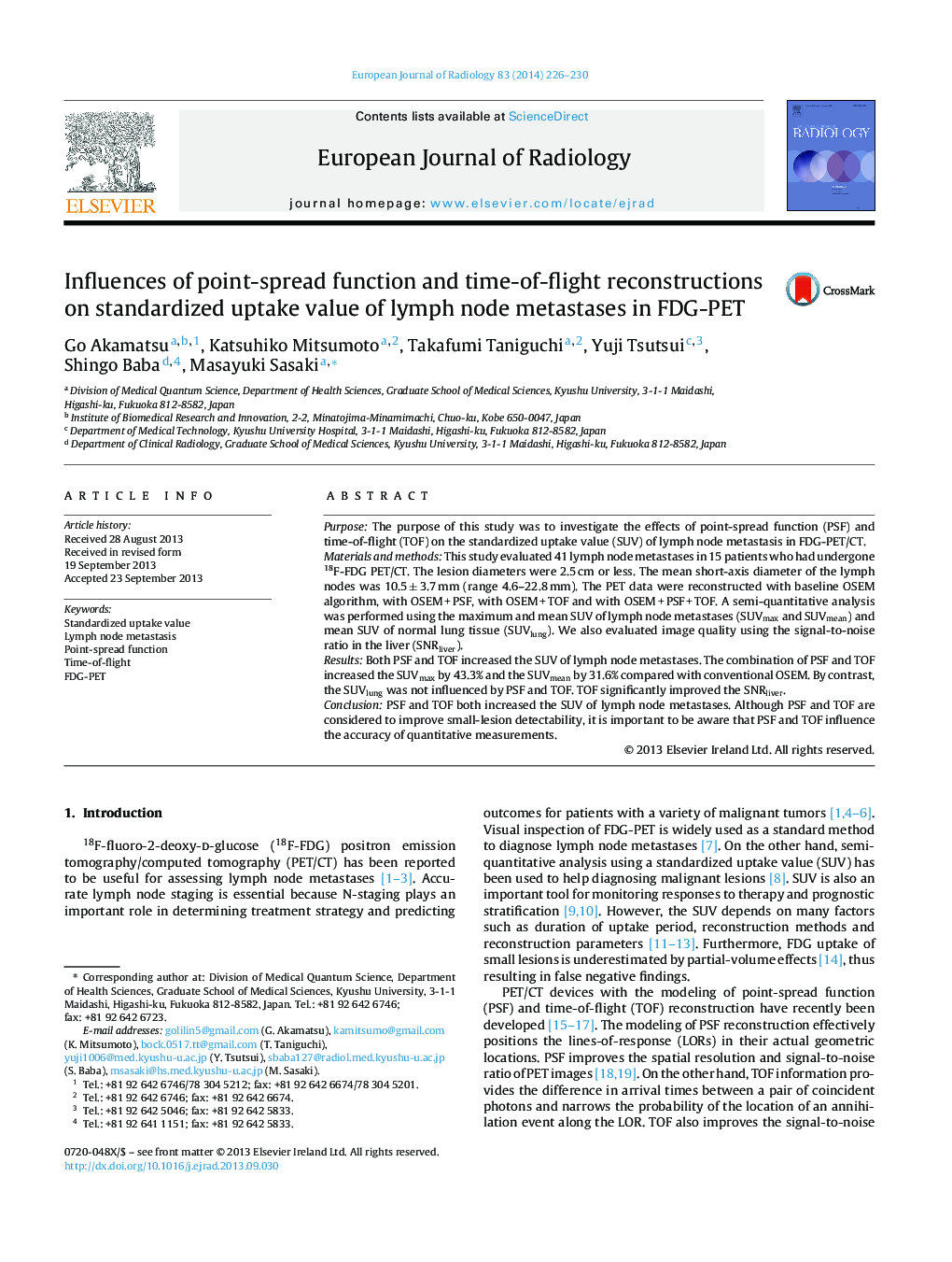 Influences of point-spread function and time-of-flight reconstructions on standardized uptake value of lymph node metastases in FDG-PET