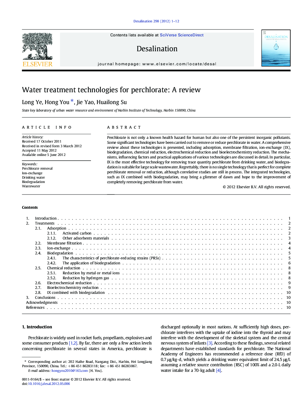 Water treatment technologies for perchlorate: A review