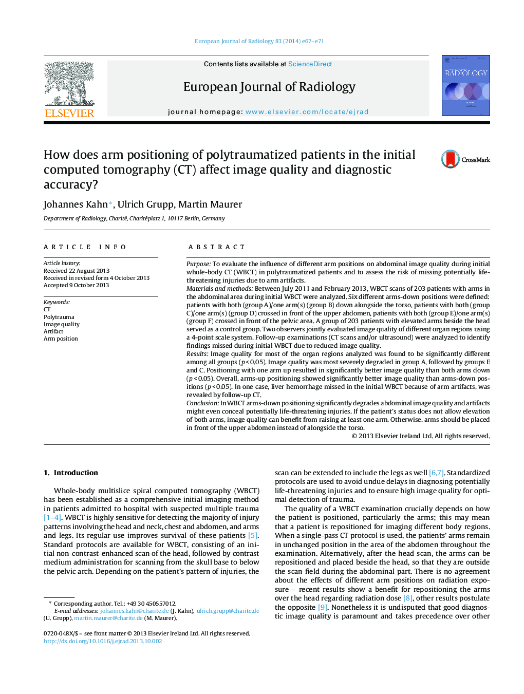 How does arm positioning of polytraumatized patients in the initial computed tomography (CT) affect image quality and diagnostic accuracy?