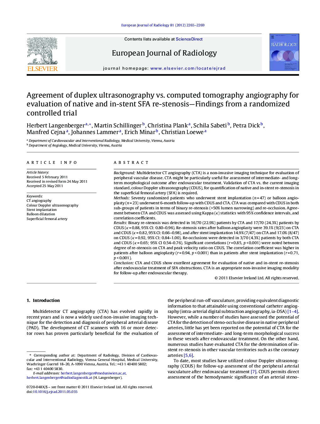 Agreement of duplex ultrasonography vs. computed tomography angiography for evaluation of native and in-stent SFA re-stenosis-Findings from a randomized controlled trial