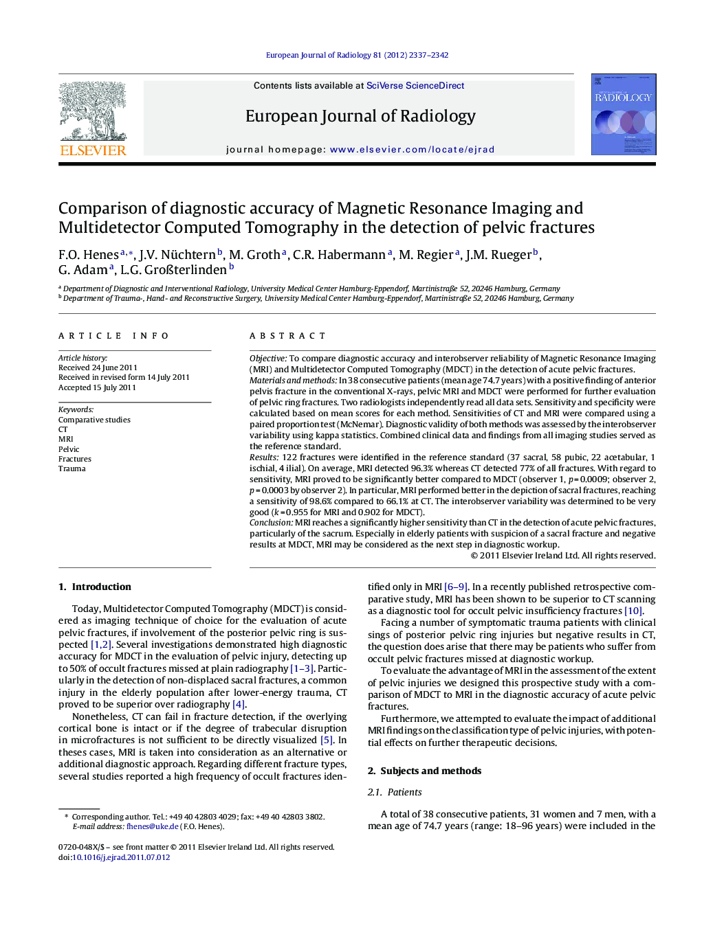 Comparison of diagnostic accuracy of Magnetic Resonance Imaging and Multidetector Computed Tomography in the detection of pelvic fractures