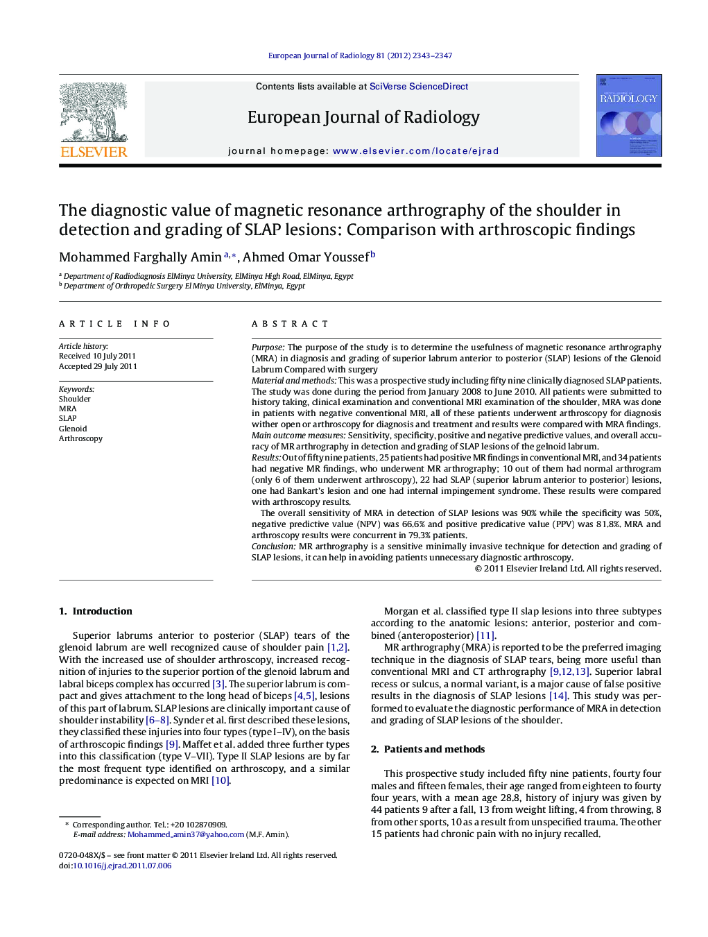 The diagnostic value of magnetic resonance arthrography of the shoulder in detection and grading of SLAP lesions: Comparison with arthroscopic findings