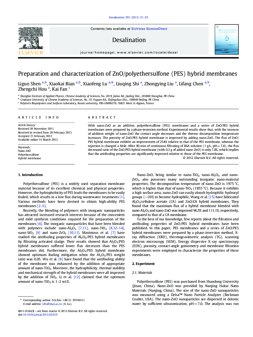 Preparation and characterization of ZnO/polyethersulfone (PES) hybrid membranes