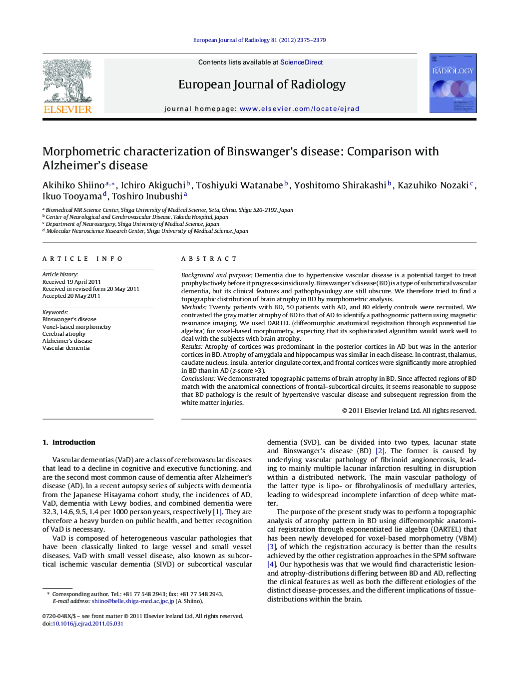 Morphometric characterization of Binswanger's disease: Comparison with Alzheimer's disease