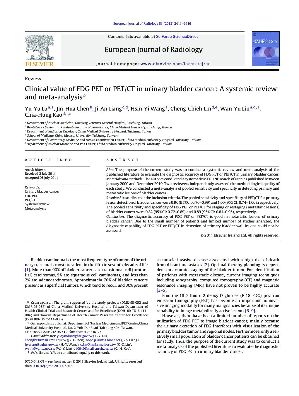 Clinical value of FDG PET or PET/CT in urinary bladder cancer: A systemic review and meta-analysis