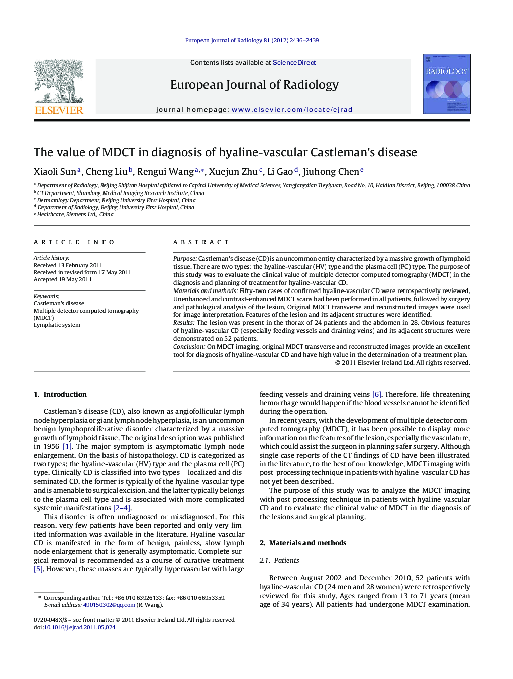 The value of MDCT in diagnosis of hyaline-vascular Castleman's disease