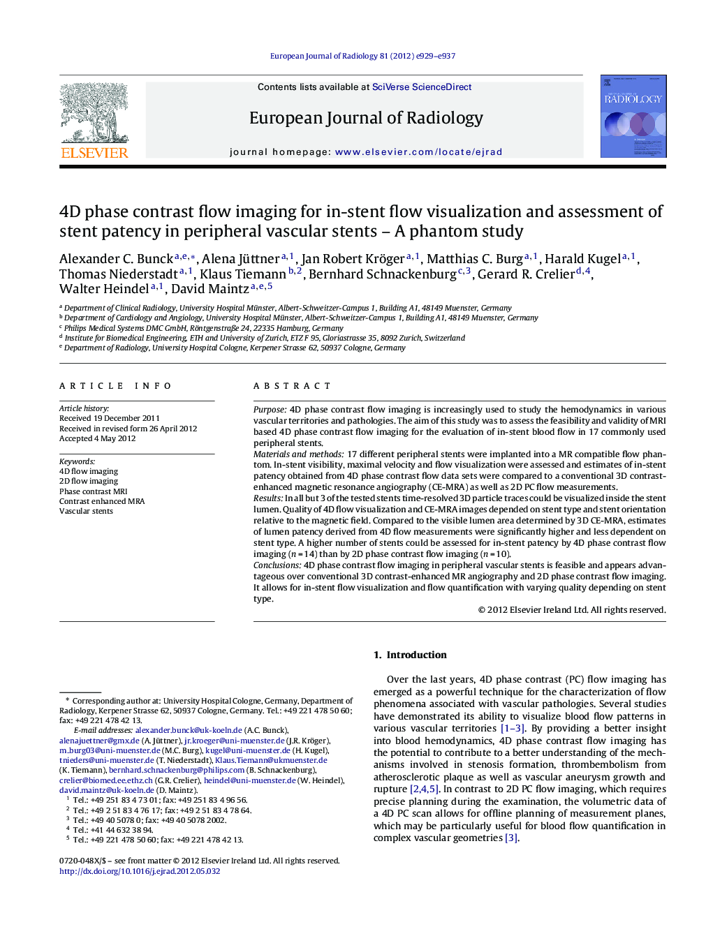 4D phase contrast flow imaging for in-stent flow visualization and assessment of stent patency in peripheral vascular stents - A phantom study