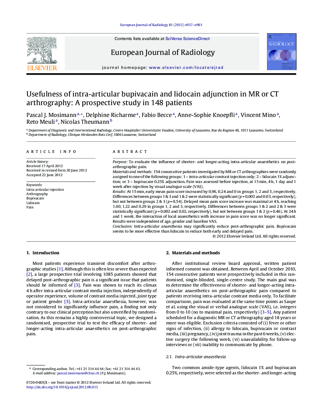 Usefulness of intra-articular bupivacain and lidocain adjunction in MR or CT arthrography: A prospective study in 148 patients