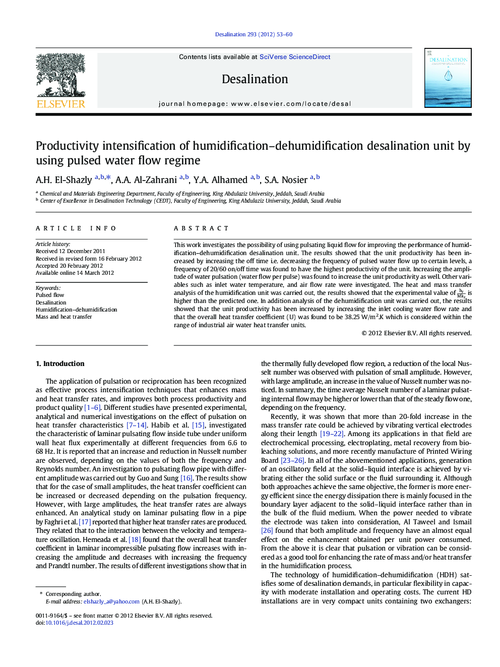 Productivity intensification of humidification–dehumidification desalination unit by using pulsed water flow regime