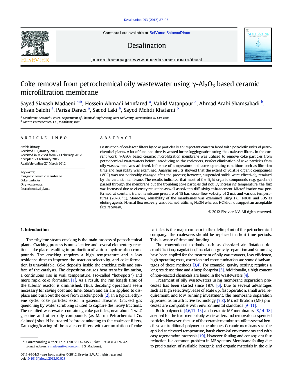 Coke removal from petrochemical oily wastewater using Î³-Al2O3 based ceramic microfiltration membrane