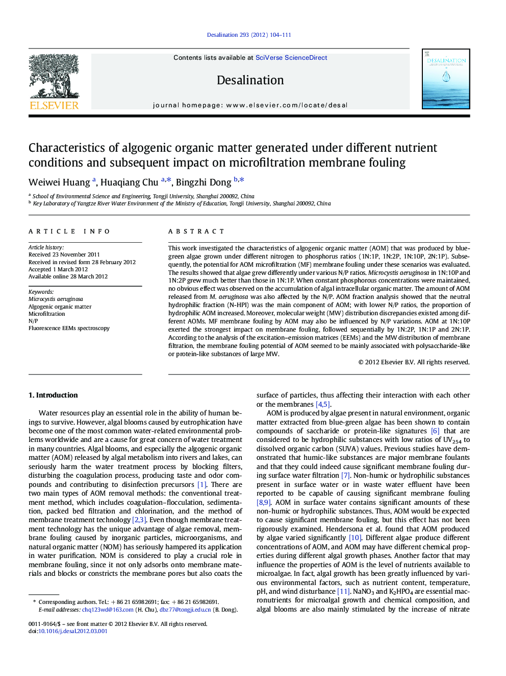 Characteristics of algogenic organic matter generated under different nutrient conditions and subsequent impact on microfiltration membrane fouling
