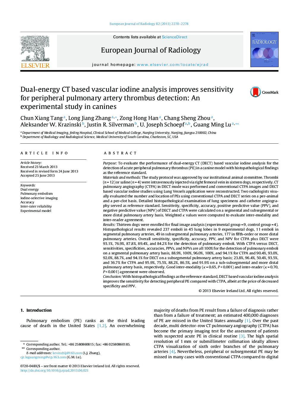 Dual-energy CT based vascular iodine analysis improves sensitivity for peripheral pulmonary artery thrombus detection: An experimental study in canines