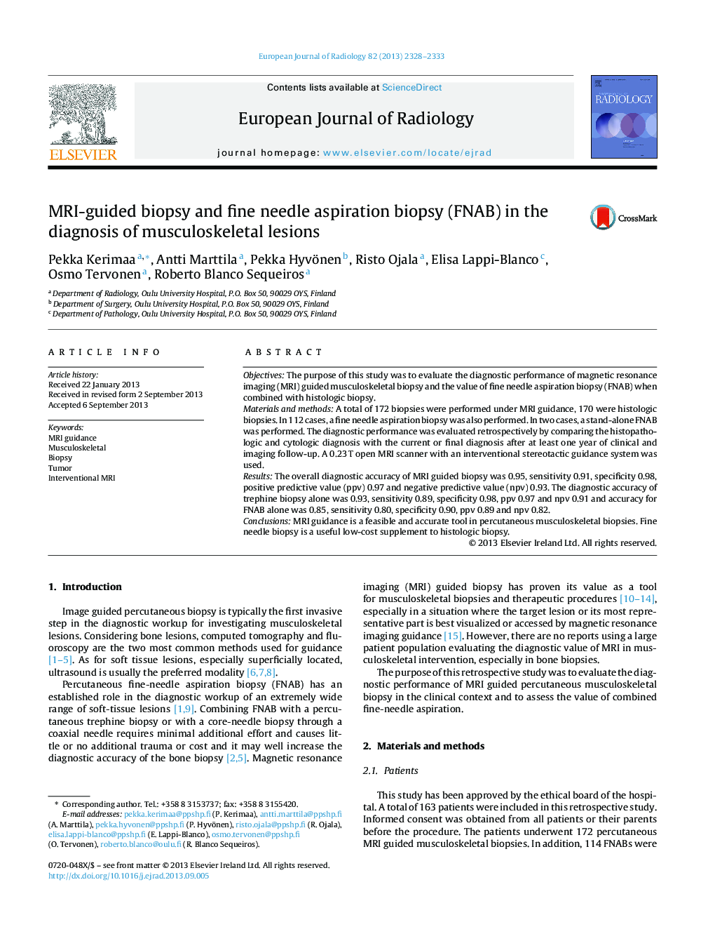 MRI-guided biopsy and fine needle aspiration biopsy (FNAB) in the diagnosis of musculoskeletal lesions