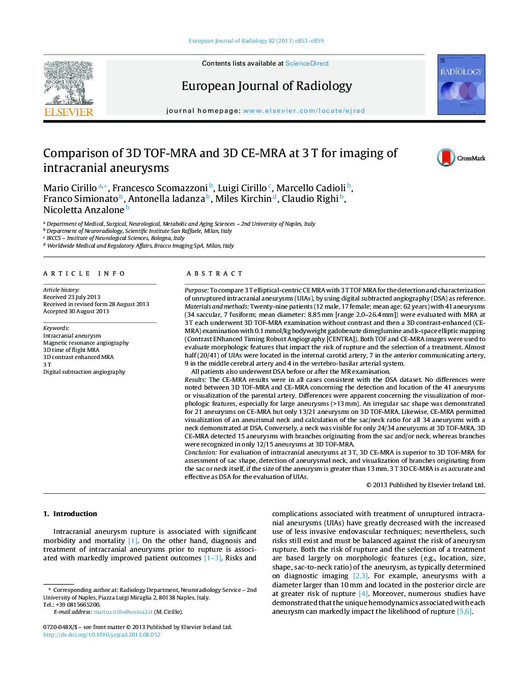 Comparison of 3D TOF-MRA and 3D CE-MRA at 3Â T for imaging of intracranial aneurysms