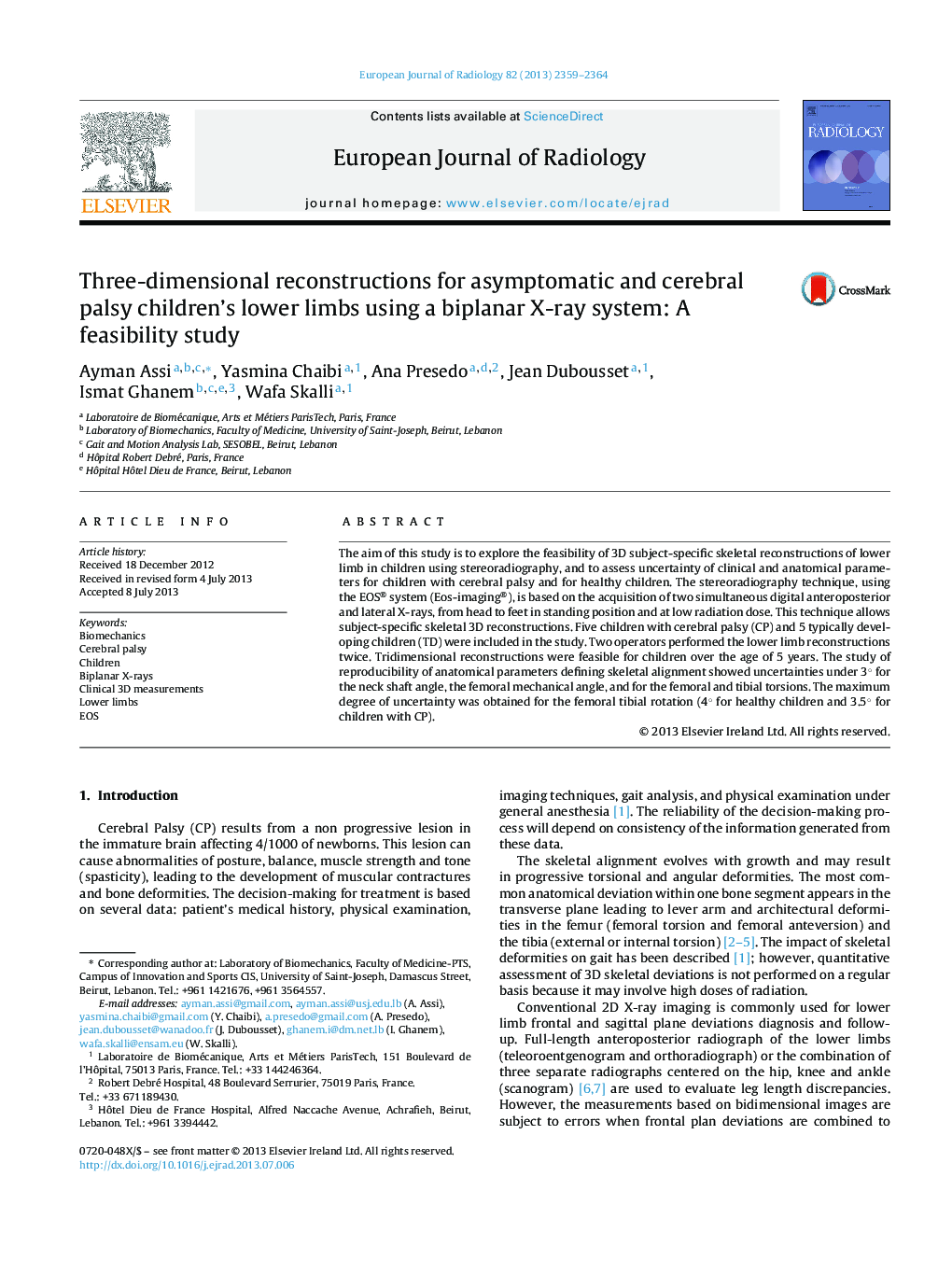 Three-dimensional reconstructions for asymptomatic and cerebral palsy children's lower limbs using a biplanar X-ray system: A feasibility study