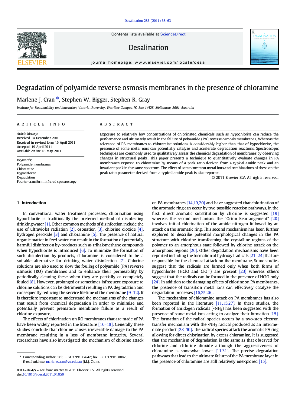 Degradation of polyamide reverse osmosis membranes in the presence of chloramine