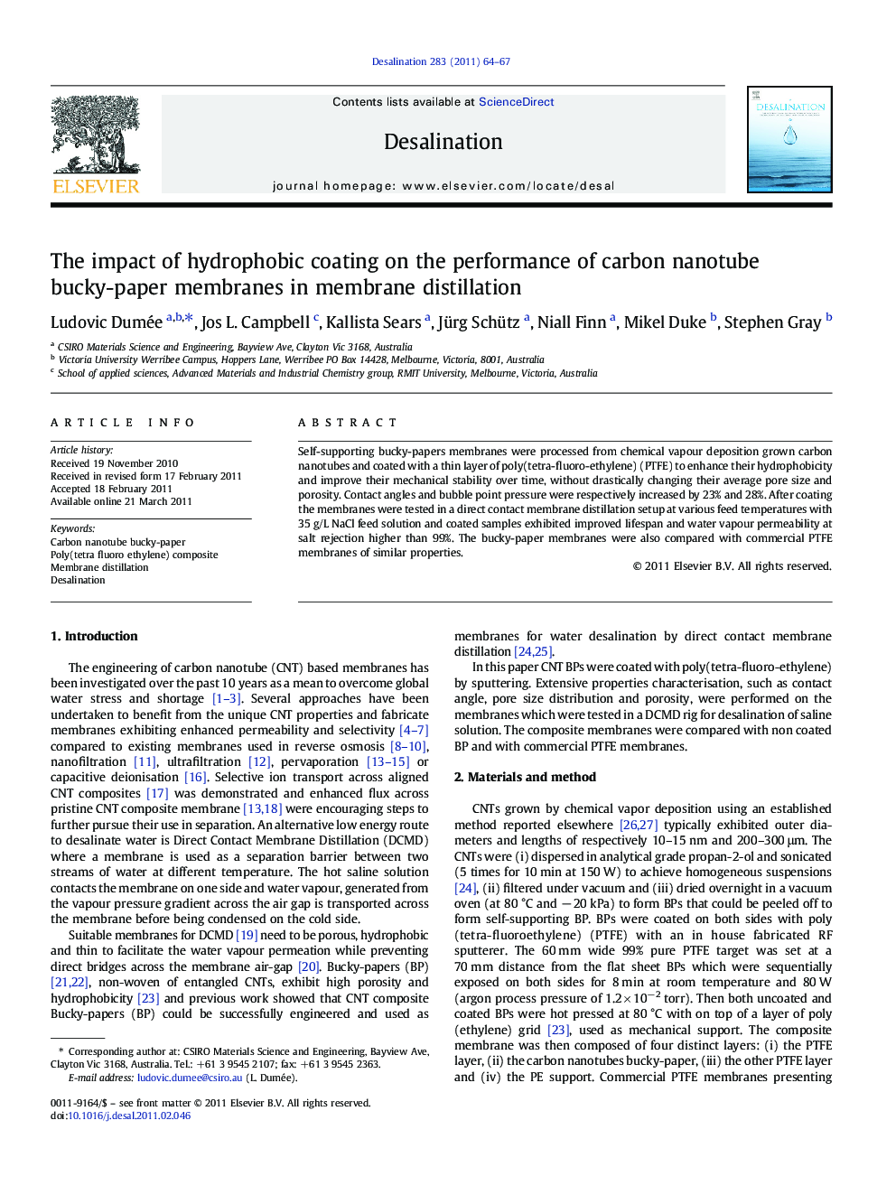 The impact of hydrophobic coating on the performance of carbon nanotube bucky-paper membranes in membrane distillation