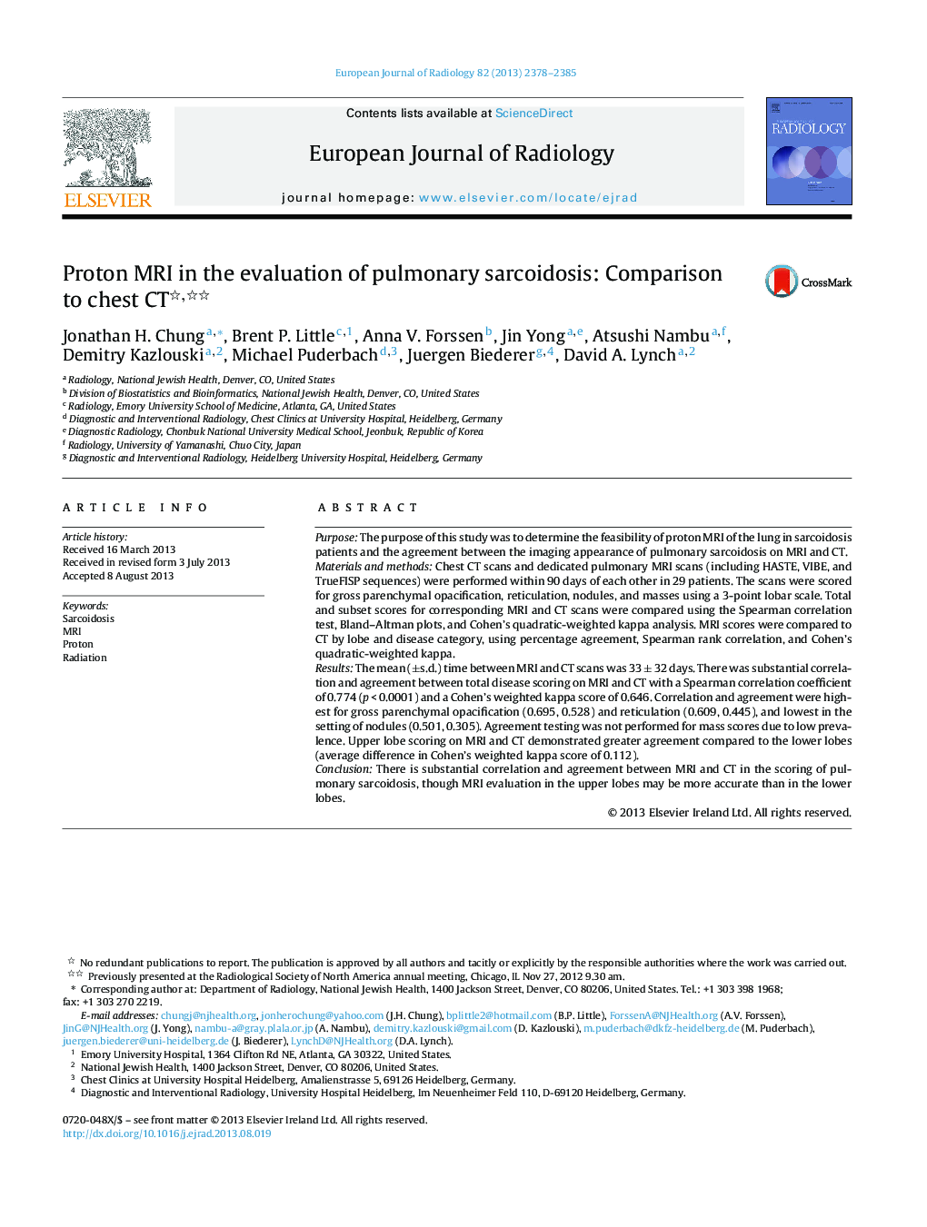 Proton MRI in the evaluation of pulmonary sarcoidosis: Comparison to chest CT