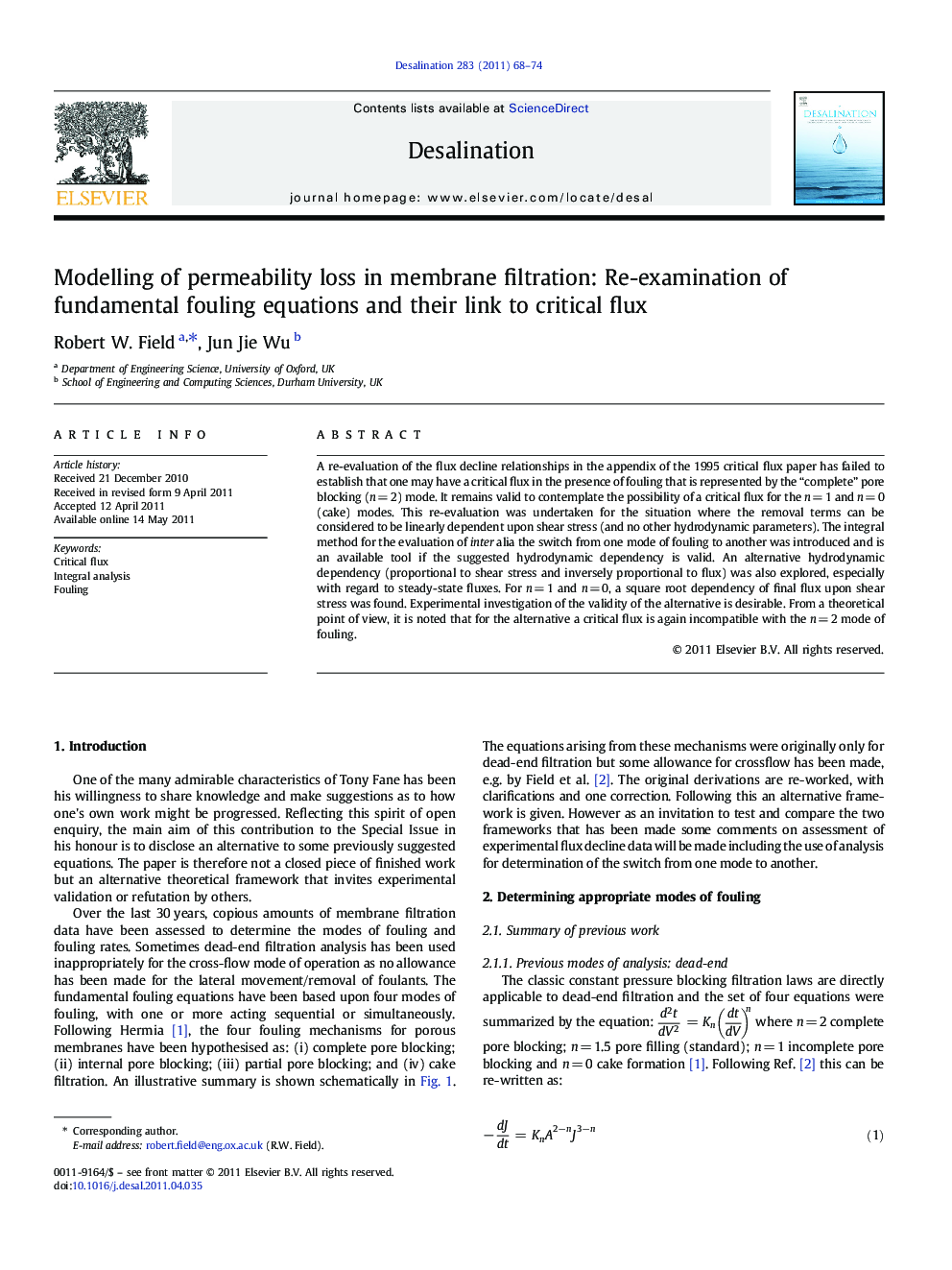 Modelling of permeability loss in membrane filtration: Re-examination of fundamental fouling equations and their link to critical flux