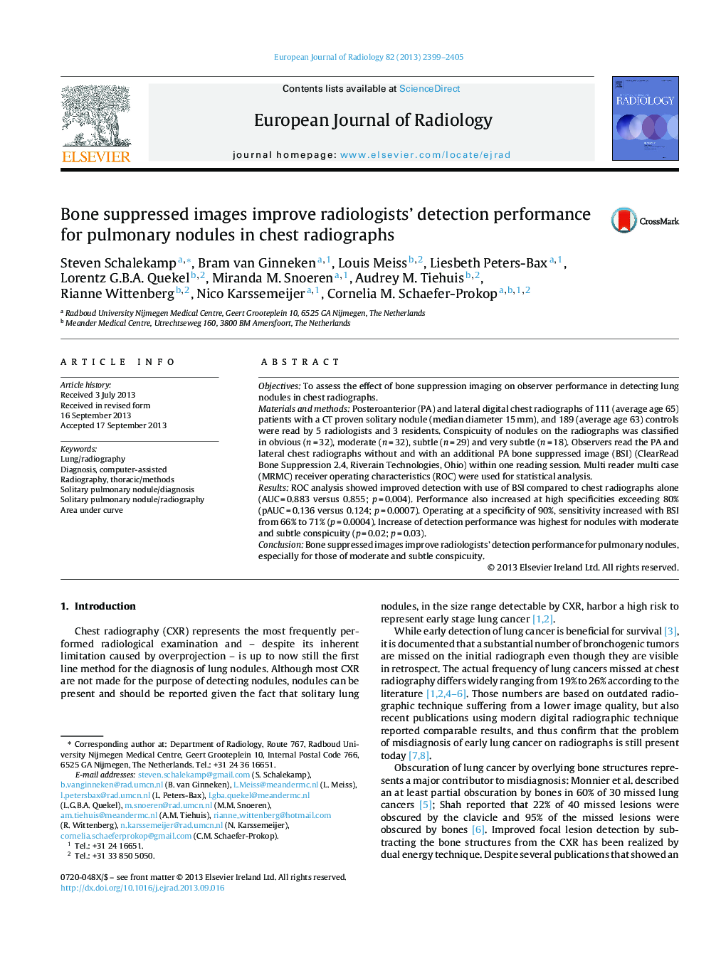 Bone suppressed images improve radiologists' detection performance for pulmonary nodules in chest radiographs