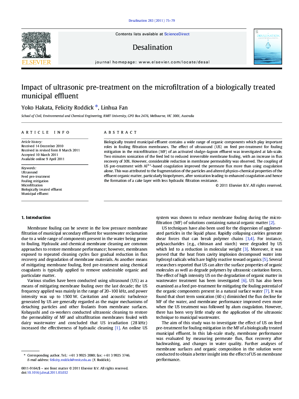 Impact of ultrasonic pre-treatment on the microfiltration of a biologically treated municipal effluent