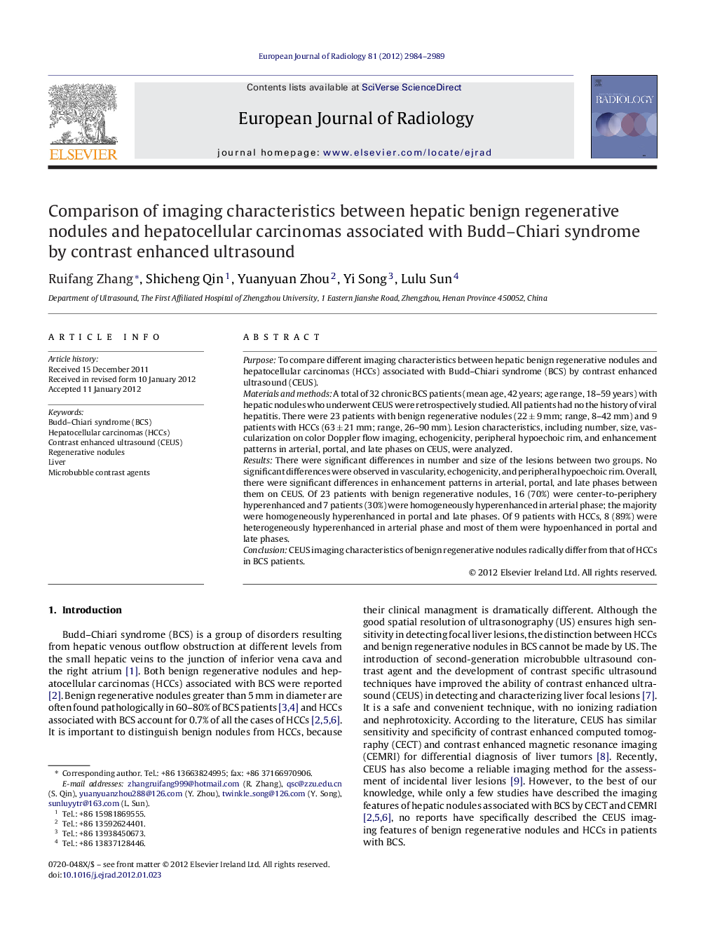 Comparison of imaging characteristics between hepatic benign regenerative nodules and hepatocellular carcinomas associated with Budd-Chiari syndrome by contrast enhanced ultrasound