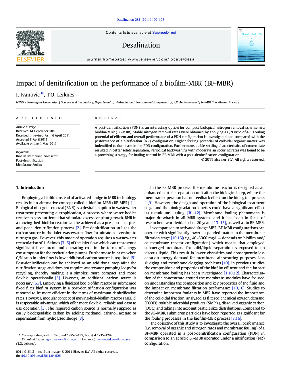 Impact of denitrification on the performance of a biofilm-MBR (BF-MBR)