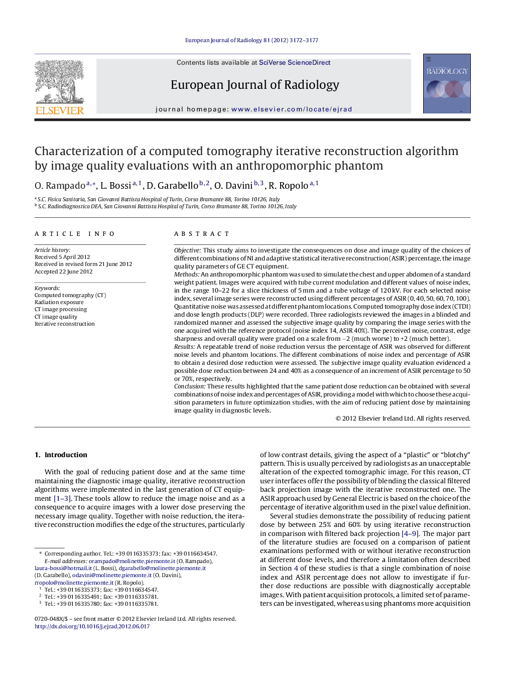 Characterization of a computed tomography iterative reconstruction algorithm by image quality evaluations with an anthropomorphic phantom