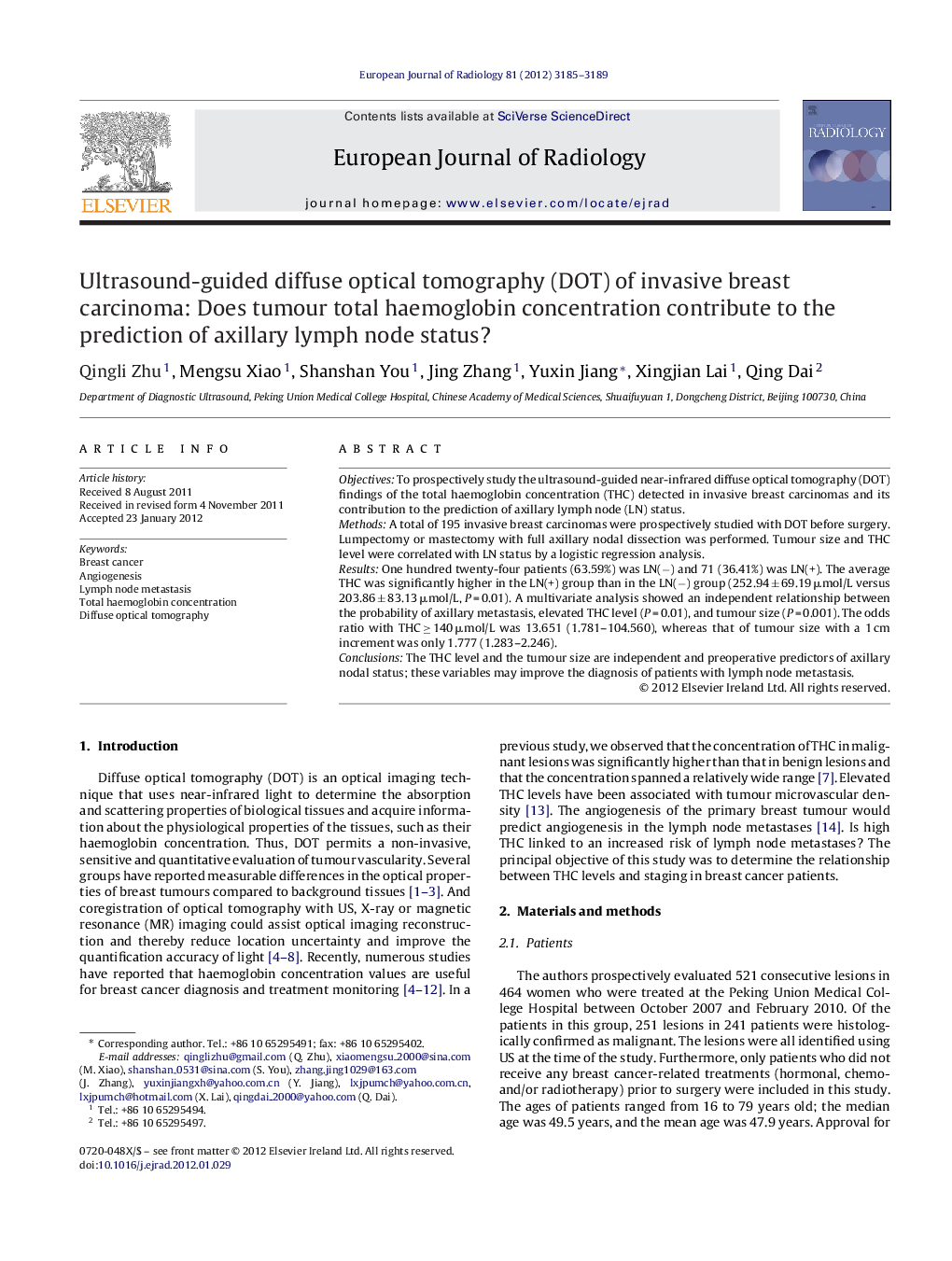 Ultrasound-guided diffuse optical tomography (DOT) of invasive breast carcinoma: Does tumour total haemoglobin concentration contribute to the prediction of axillary lymph node status?