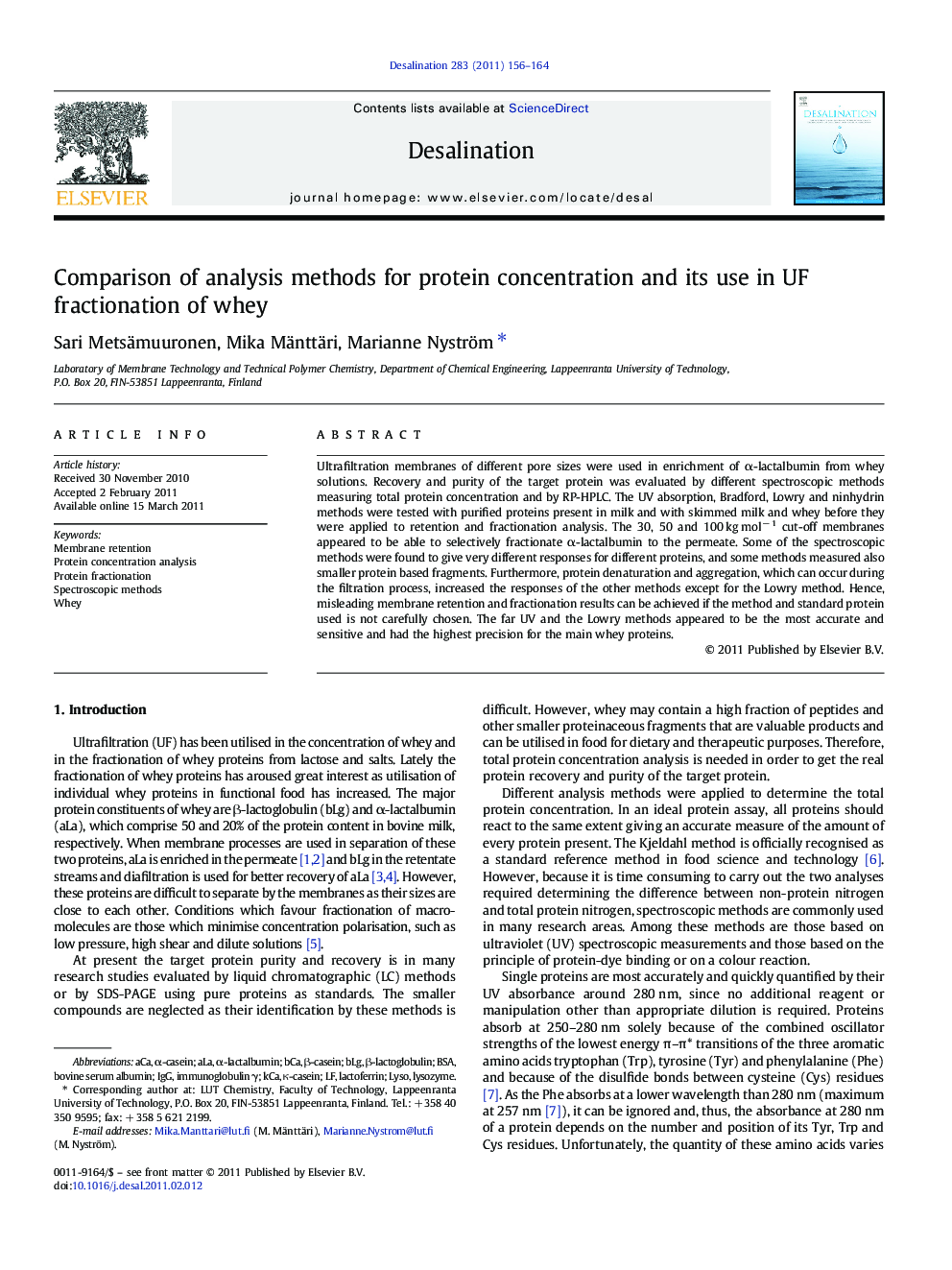 Comparison of analysis methods for protein concentration and its use in UF fractionation of whey