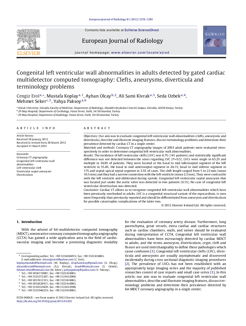 Congenital left ventricular wall abnormalities in adults detected by gated cardiac multidetector computed tomography: Clefts, aneurysms, diverticula and terminology problems