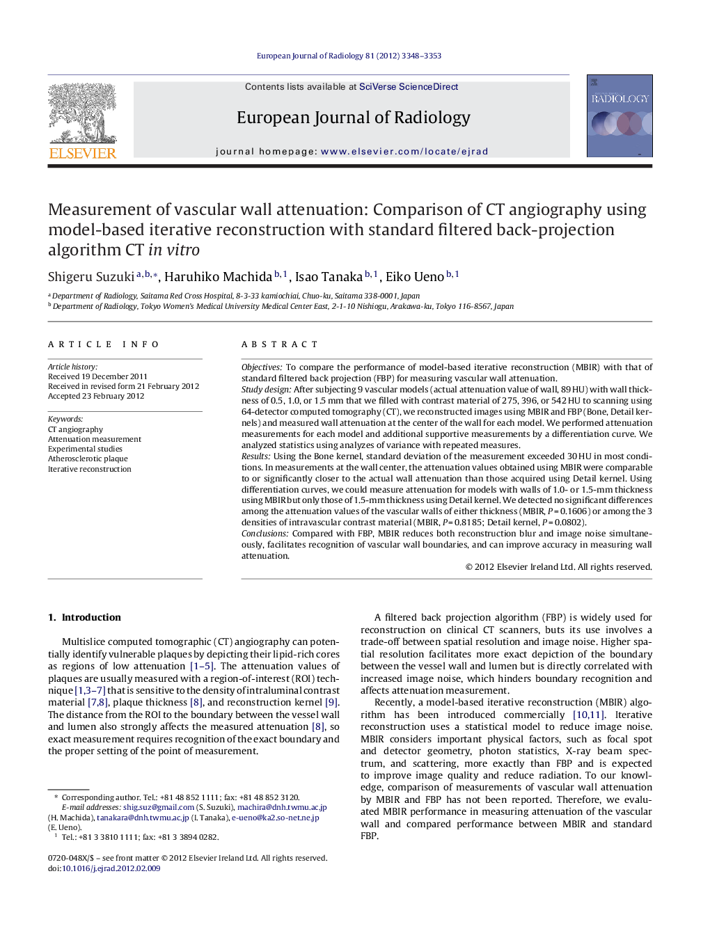 Measurement of vascular wall attenuation: Comparison of CT angiography using model-based iterative reconstruction with standard filtered back-projection algorithm CT in vitro