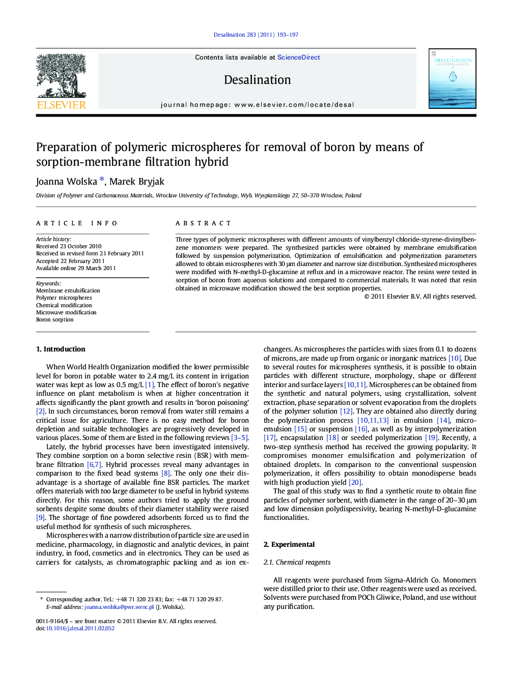 Preparation of polymeric microspheres for removal of boron by means of sorption-membrane filtration hybrid