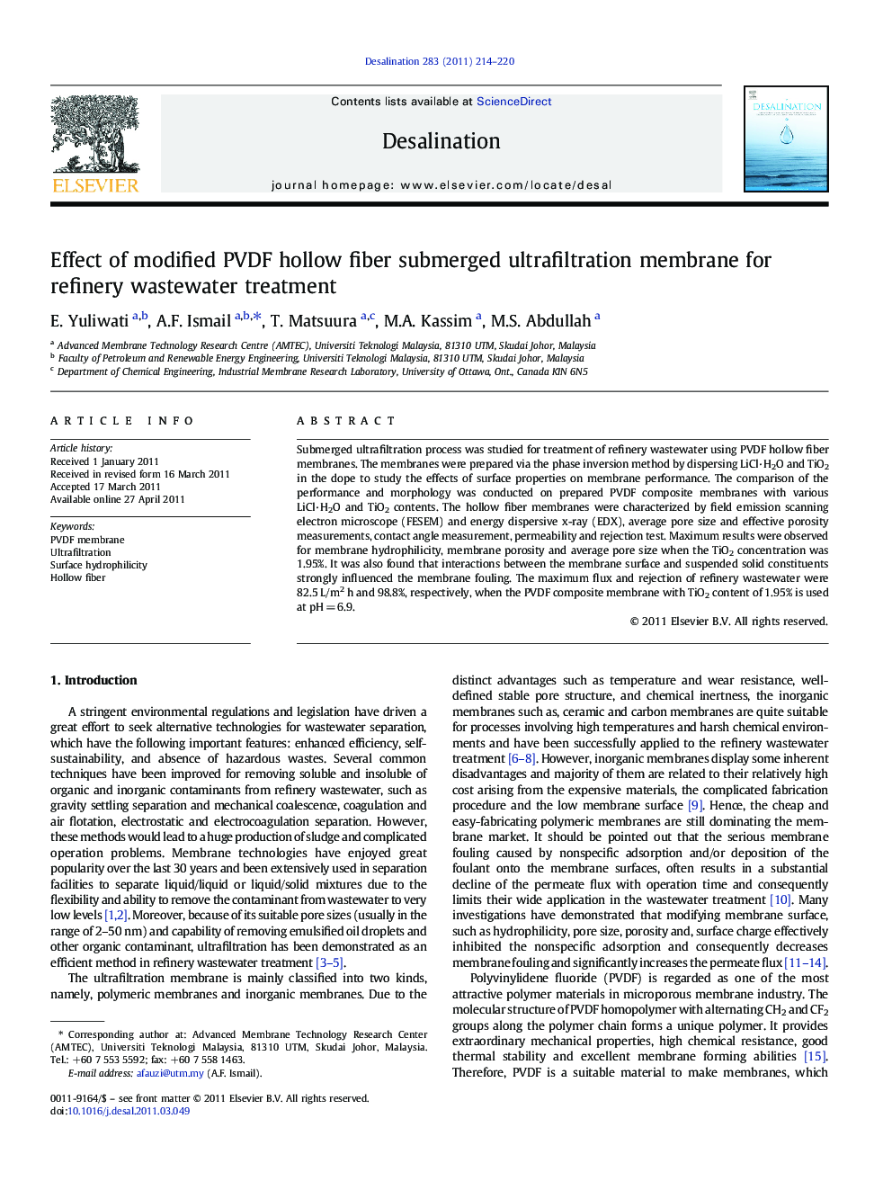 Effect of modified PVDF hollow fiber submerged ultrafiltration membrane for refinery wastewater treatment