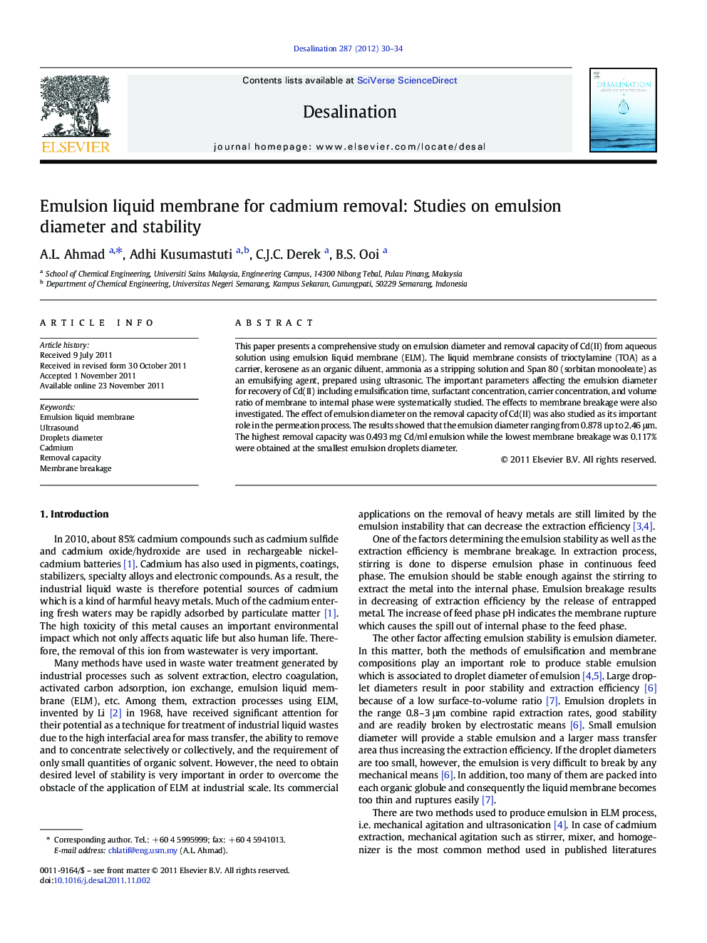 Emulsion liquid membrane for cadmium removal: Studies on emulsion diameter and stability